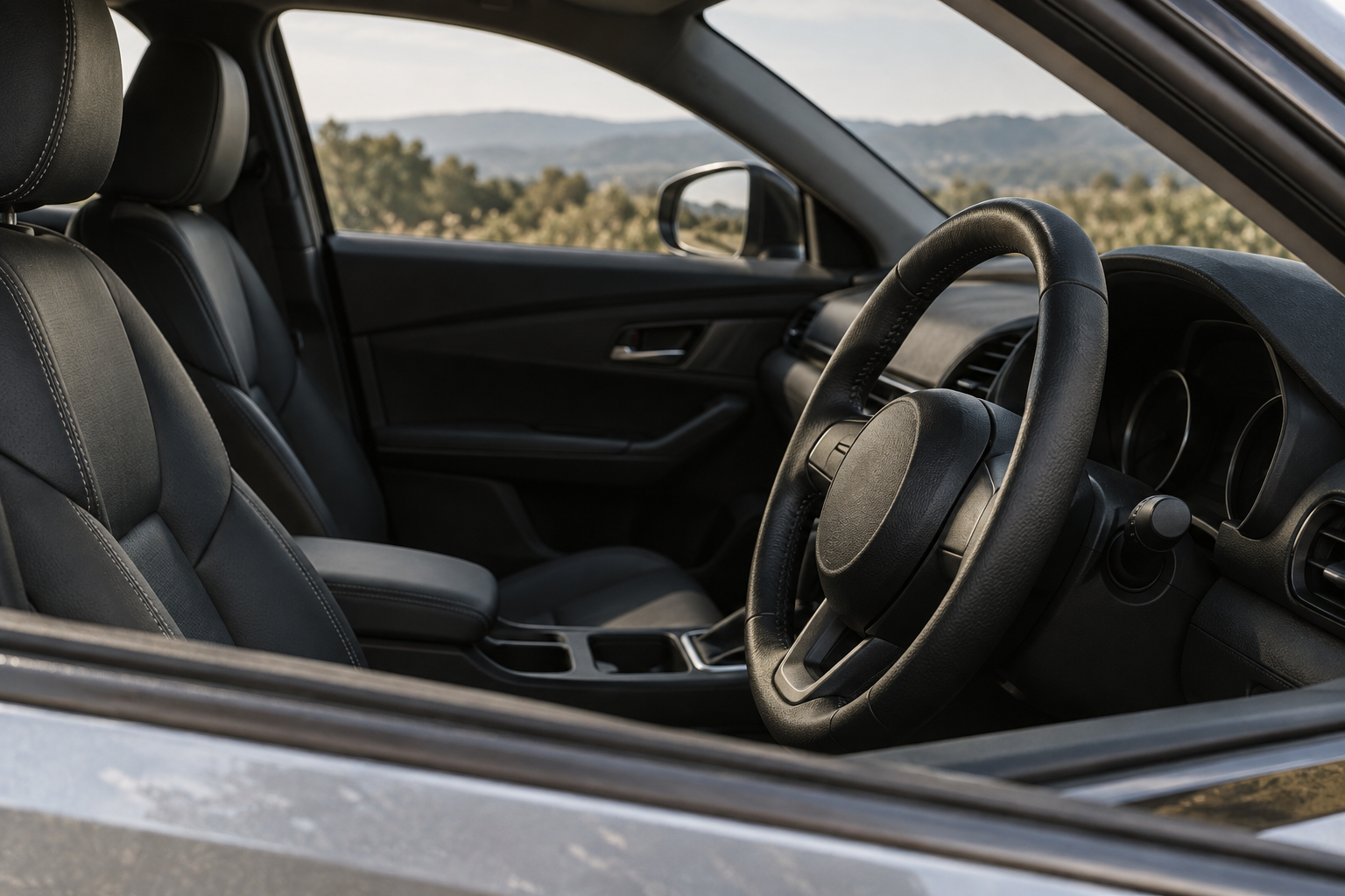 Close view of a car's steering wheel and stitched seat