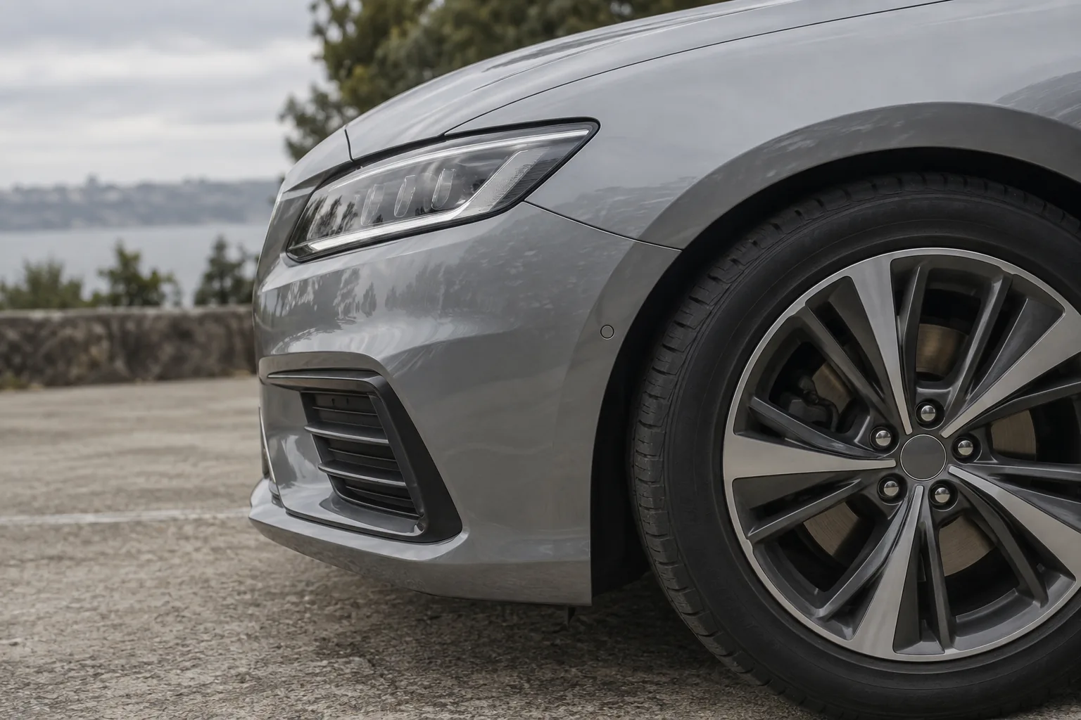 Silver passenger car wheel and front bodywork in soft daylight